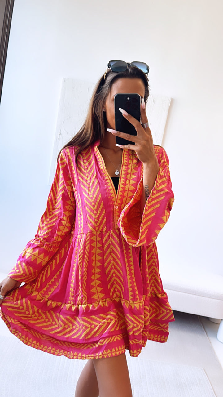Tunika Kleid mit ausgefallenem Muster, eckige Formen / pink - gelb Art. 6705