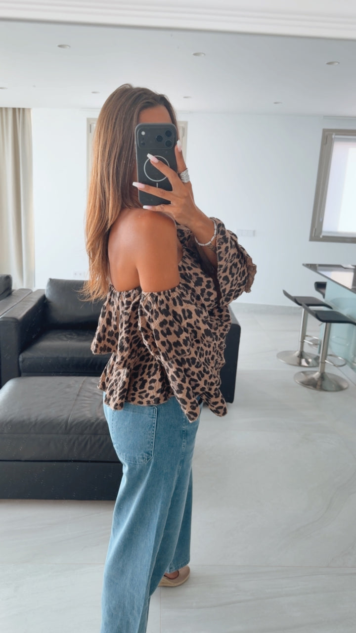 LEO Musselin Off-Shoulder Oberteil, Volant / Karamell - schwarz - taupe Art. 16062