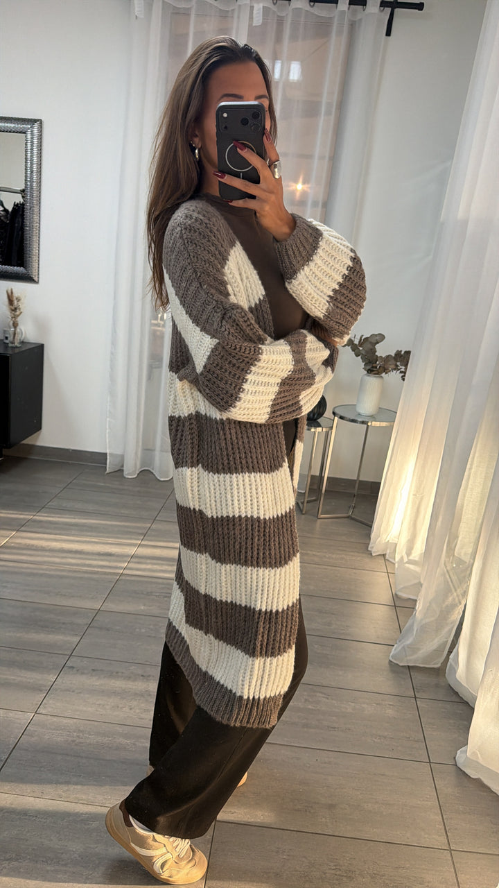 langer Grobstrick Cardigan mit Streifen / taupe - creme Art. 16527