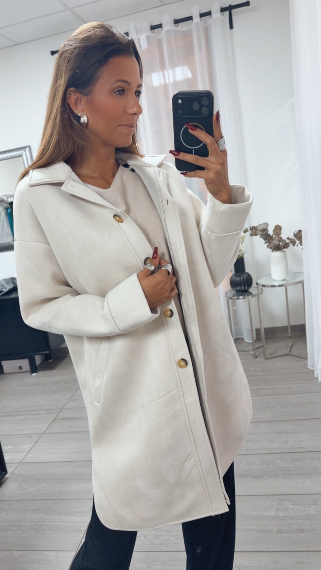 WILDLEDER OPTIK Long Jacke mit Taschen / creme Art. 16405