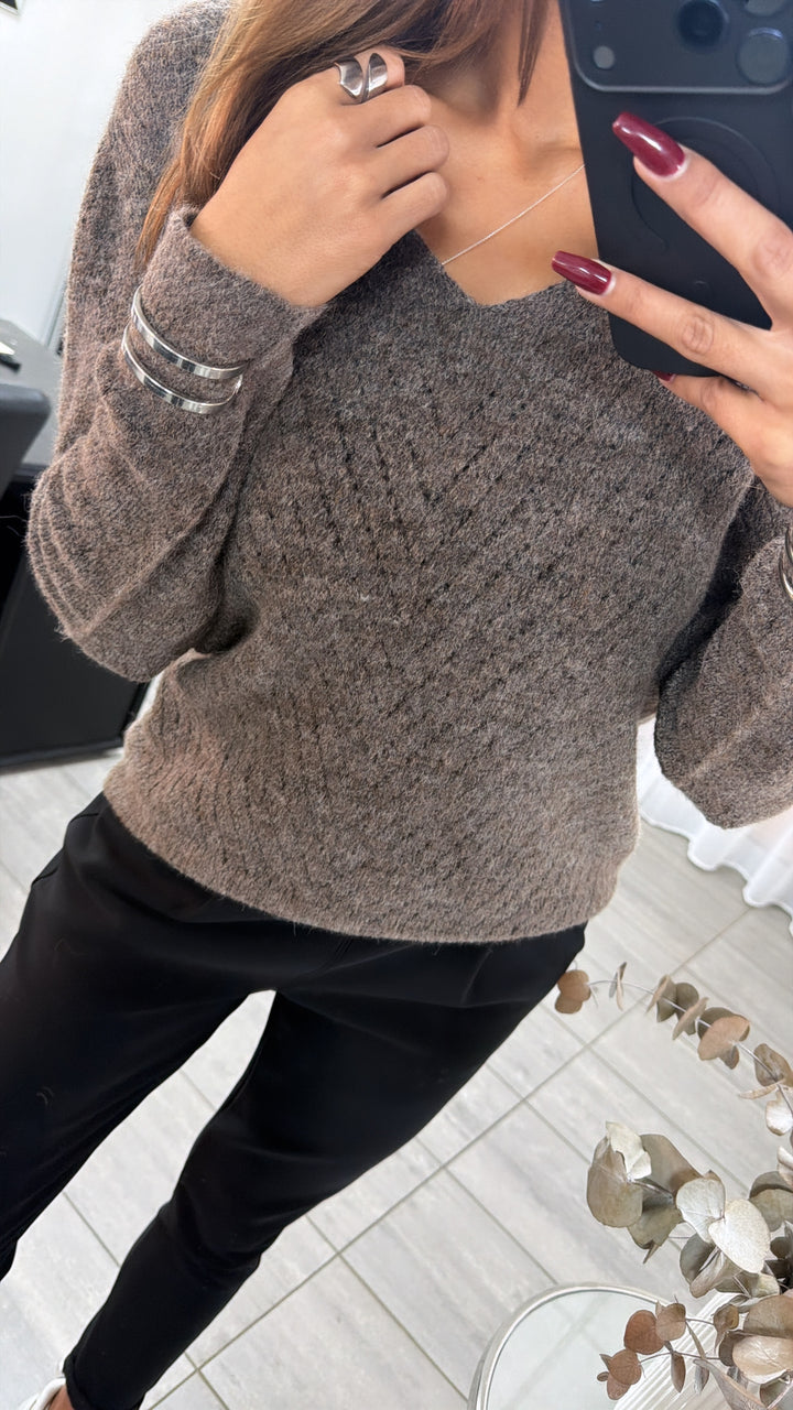 LOCHMUSTER leichter Strick Pullover, V-Ausschnitt / taupe meliert Art. 16745