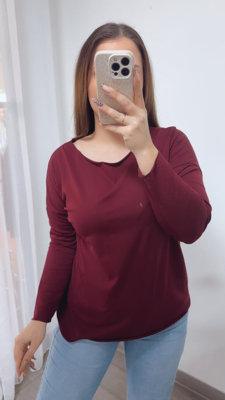 Baumwoll Basic Langarm Oberteil / bordeaux rot Art. 14248