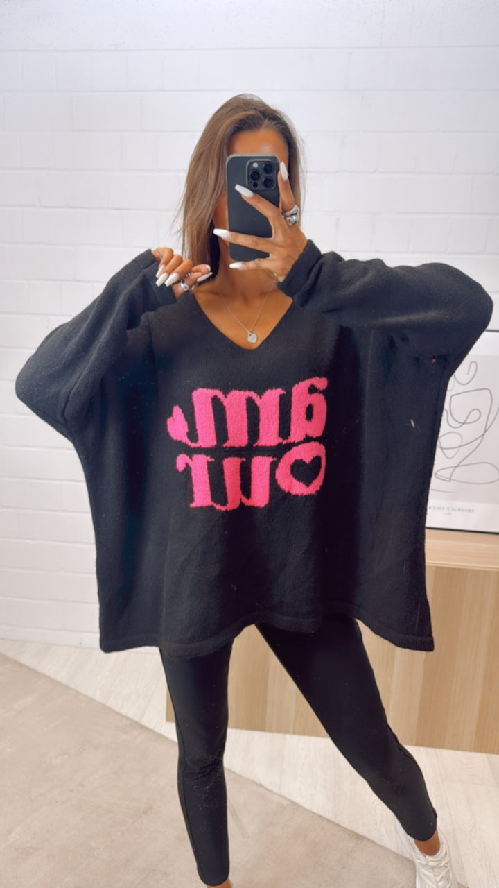 weiter Strick Pullover " Amour " /  schwarz - pink Art. 10798