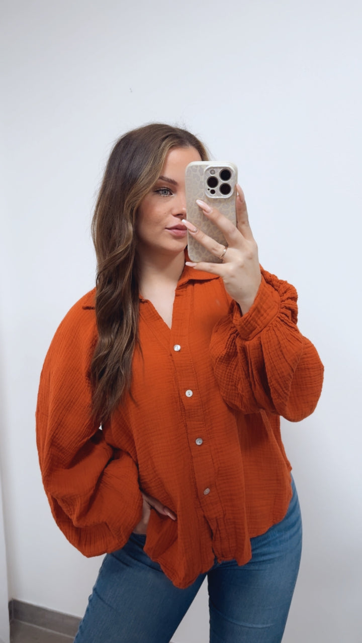 KURZE Oversize Musselin Bluse BALLONÄRMEL / orange Art. 14724