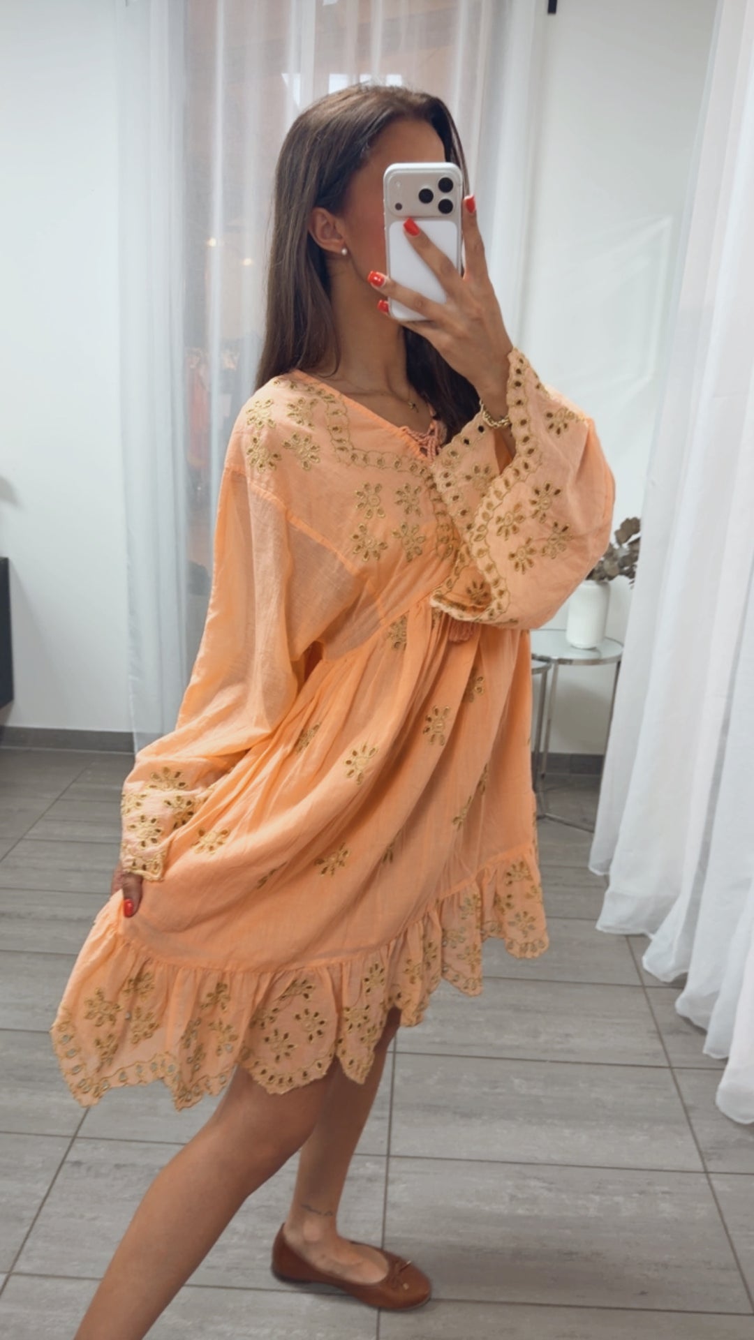 besticktes Boho Kleid " golden bloom " / soft apricot Art. 15539
