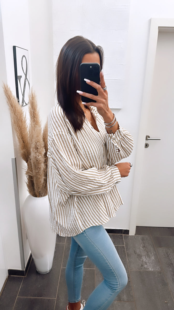 KURZE Oversize Musselin Bluse mit Streifen / weiss - dunkel beige Art. 5696