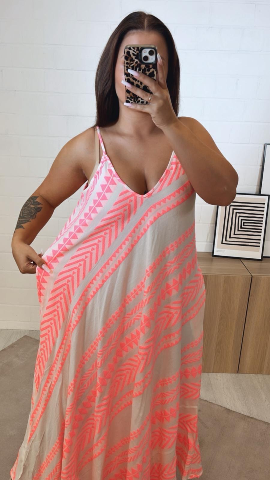 (Maxi-) PREMIUM Summer Vibe Kleid / Hängerchen / weiss - neon pink Art. 10920