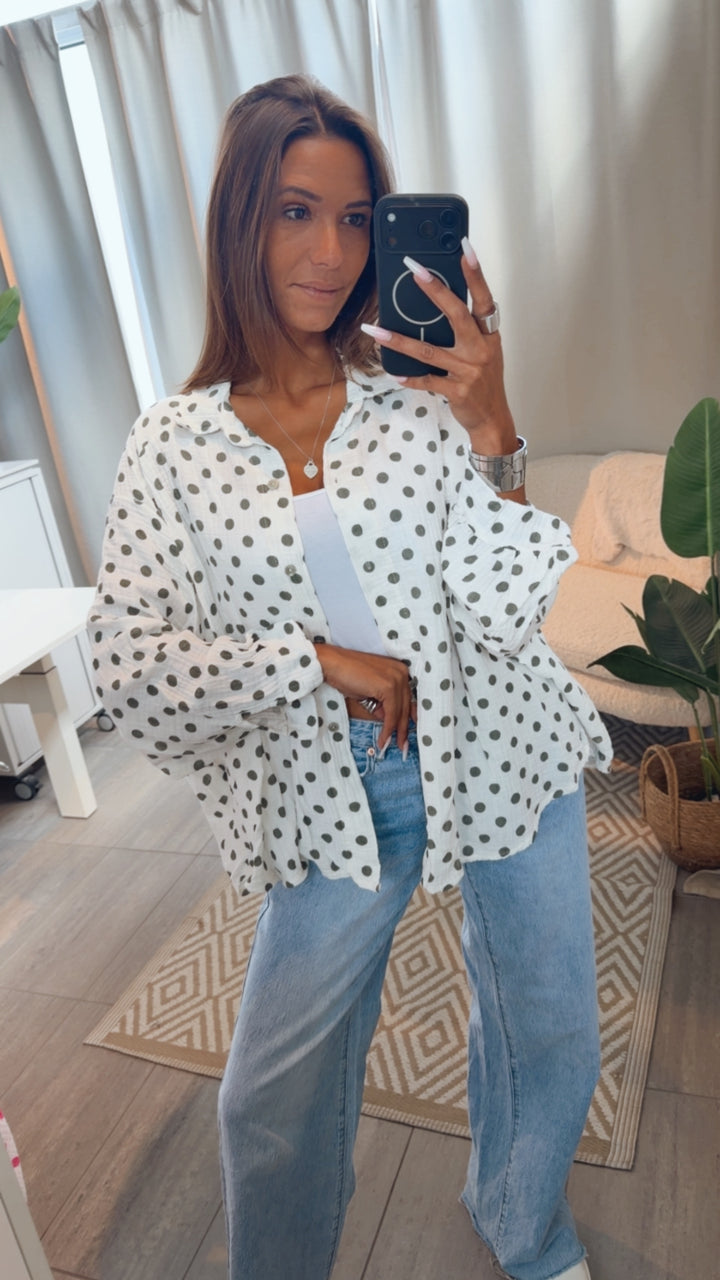 PUNKTE KURZE Oversize Musselin Bluse / weiss - olive Art. 15267