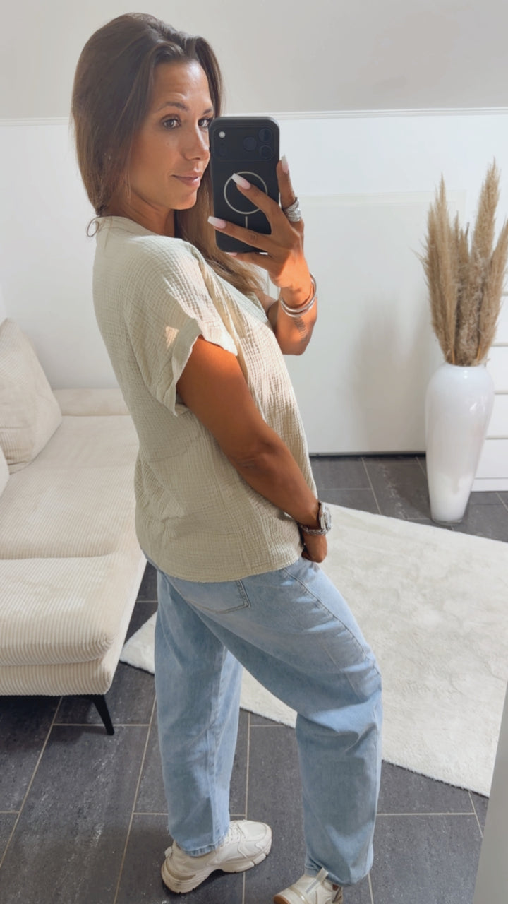 Musselin Shirt mit Knopfleiste, OHNE Kragen / beige Art. 15381