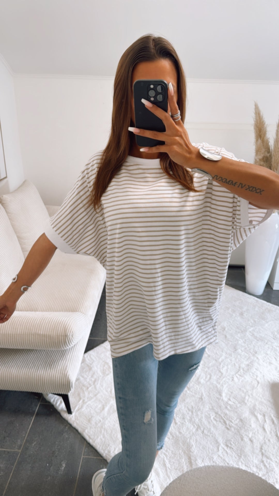 STREIFEN Vokuhila Long T-Shirt / weiss - beige Art. 9980