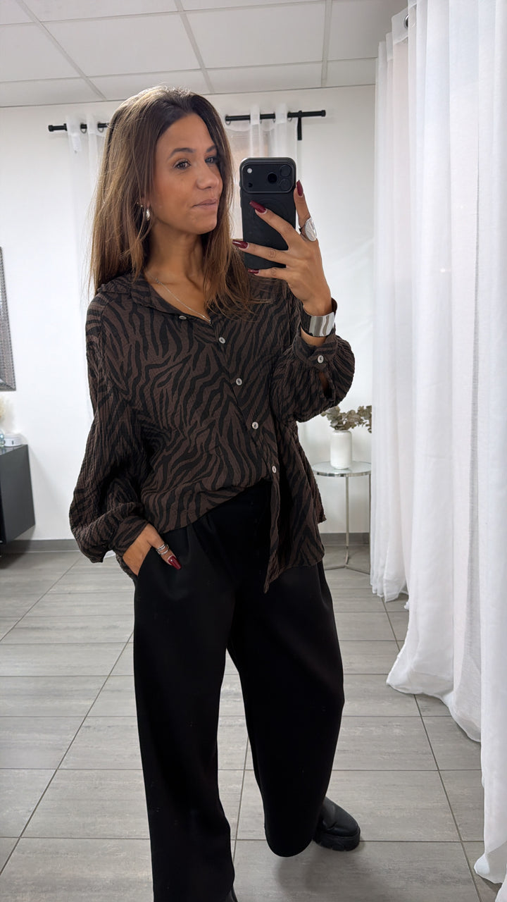 ZEBRA KURZE Oversize Musselin Bluse / braun - schwarz Art. 16461