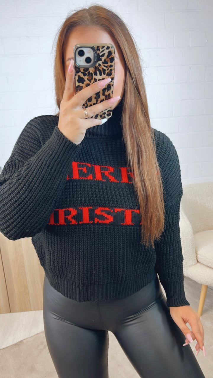 leichter Rollkragen Pullover "Merry Christmas" / schwarz - rot Art. 12626