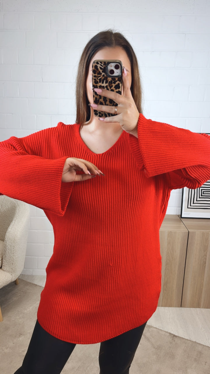 gradliniges Strick Kleid mit weitem Arm, V-Ausschnitt / intensives rot Art. 12770