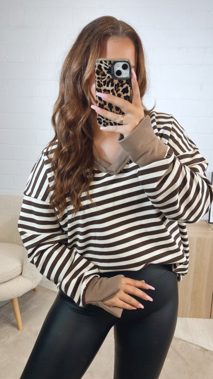 STREIFEN Sweater mit used V-Ausschnitt / Schoko braun - creme - taupe Art. 12599