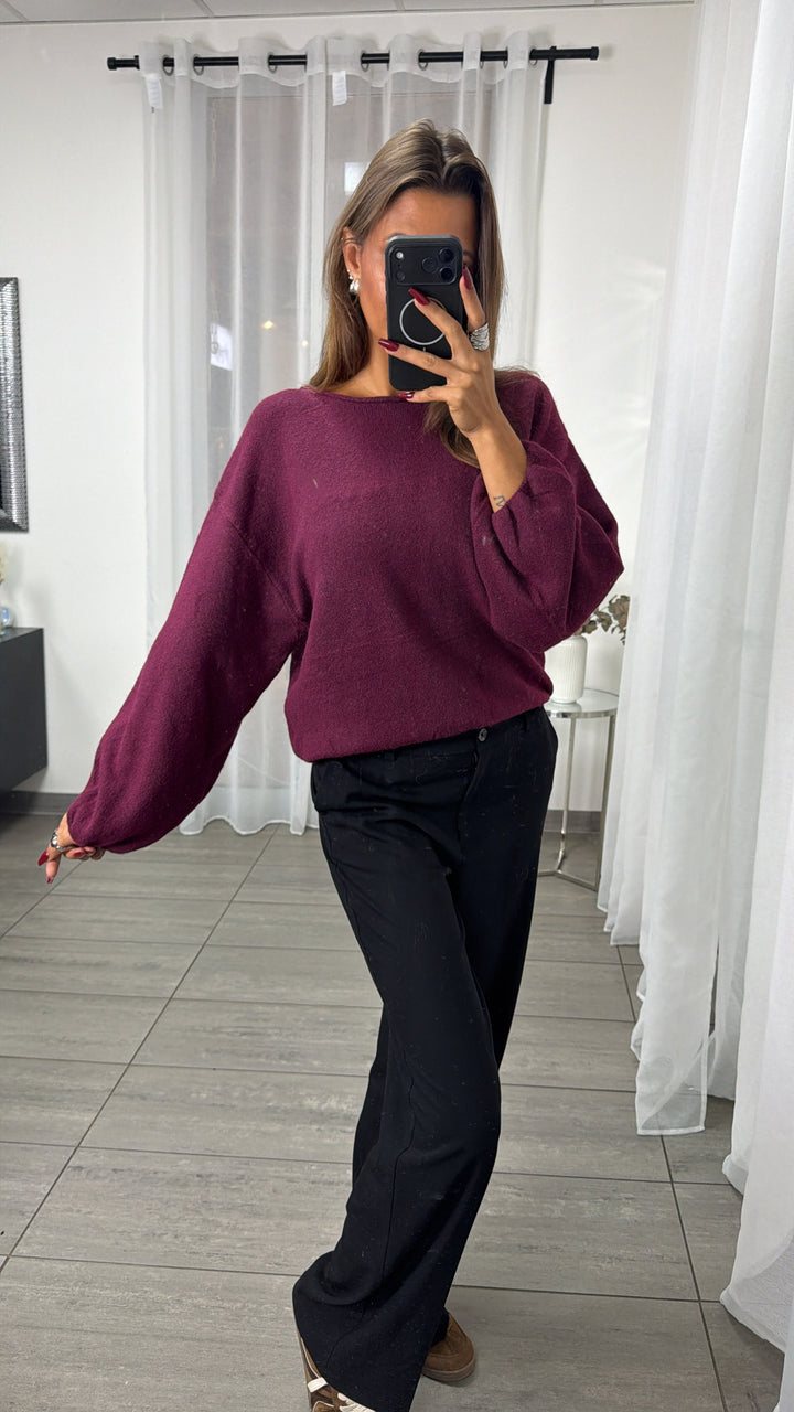 Pullover mit engerem, elastischen Saum, breiter Rundausschnitt / bordeaux rot Art. 16409