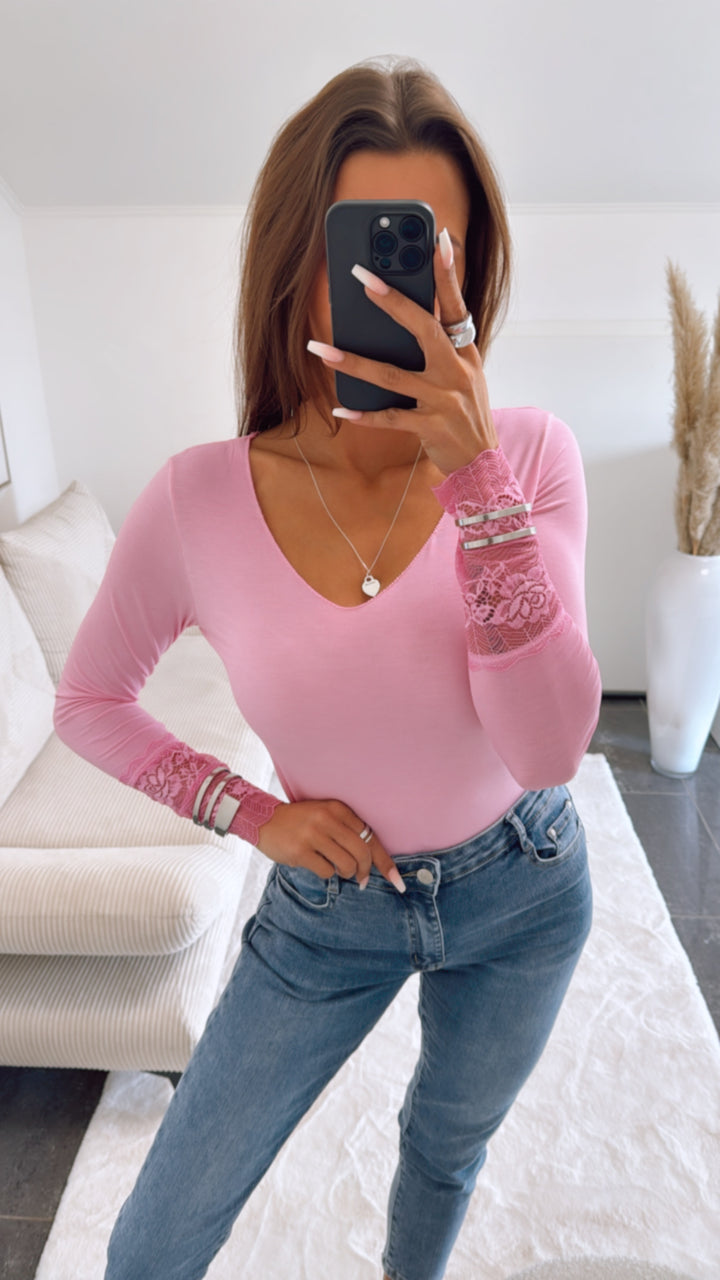Langarm Oberteil mit Spitzenapplikationen / pink Art. 8999