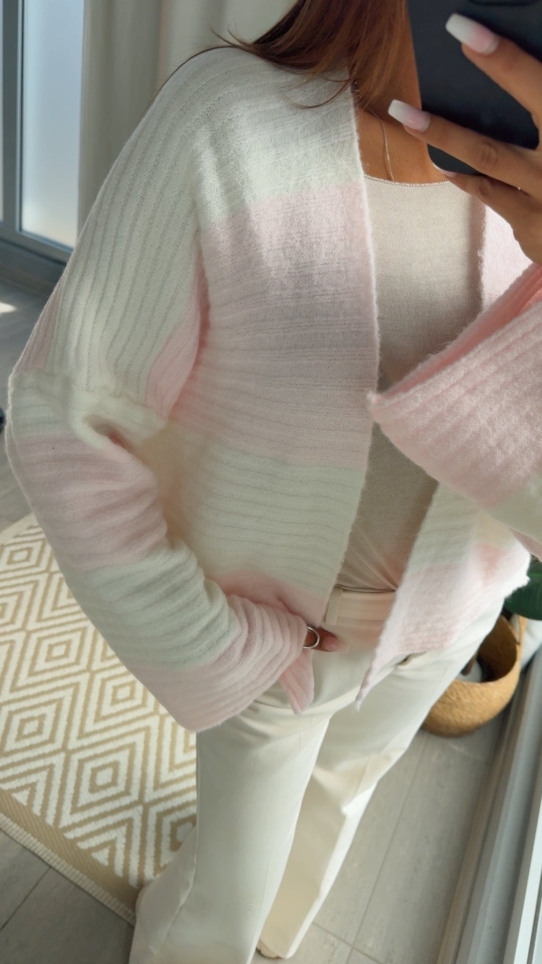 STREIFEN weiter, offener Cardigan / creme weiss - soft rosa Art. 14655