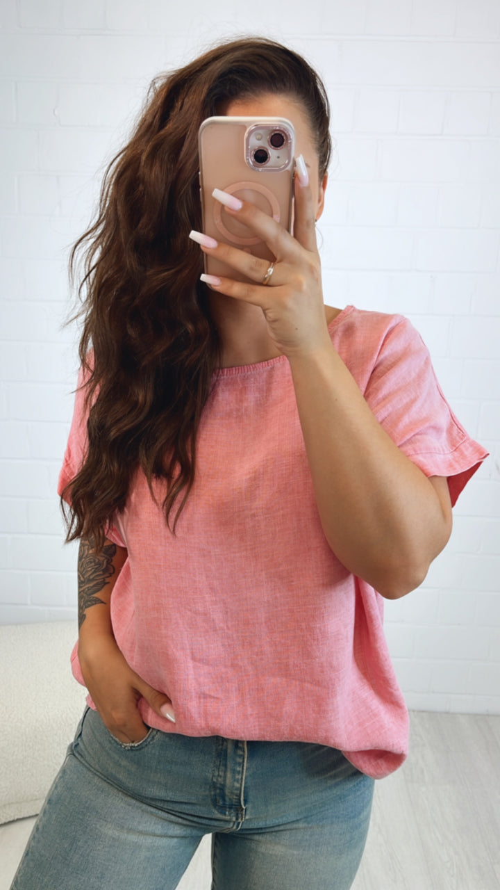 Leinen Mix Long T-shirt mit Patch/ soft coral Art. 10638