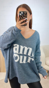 weiter Strick Pullover " Amour " / Denim blau - weiss Art. 12424