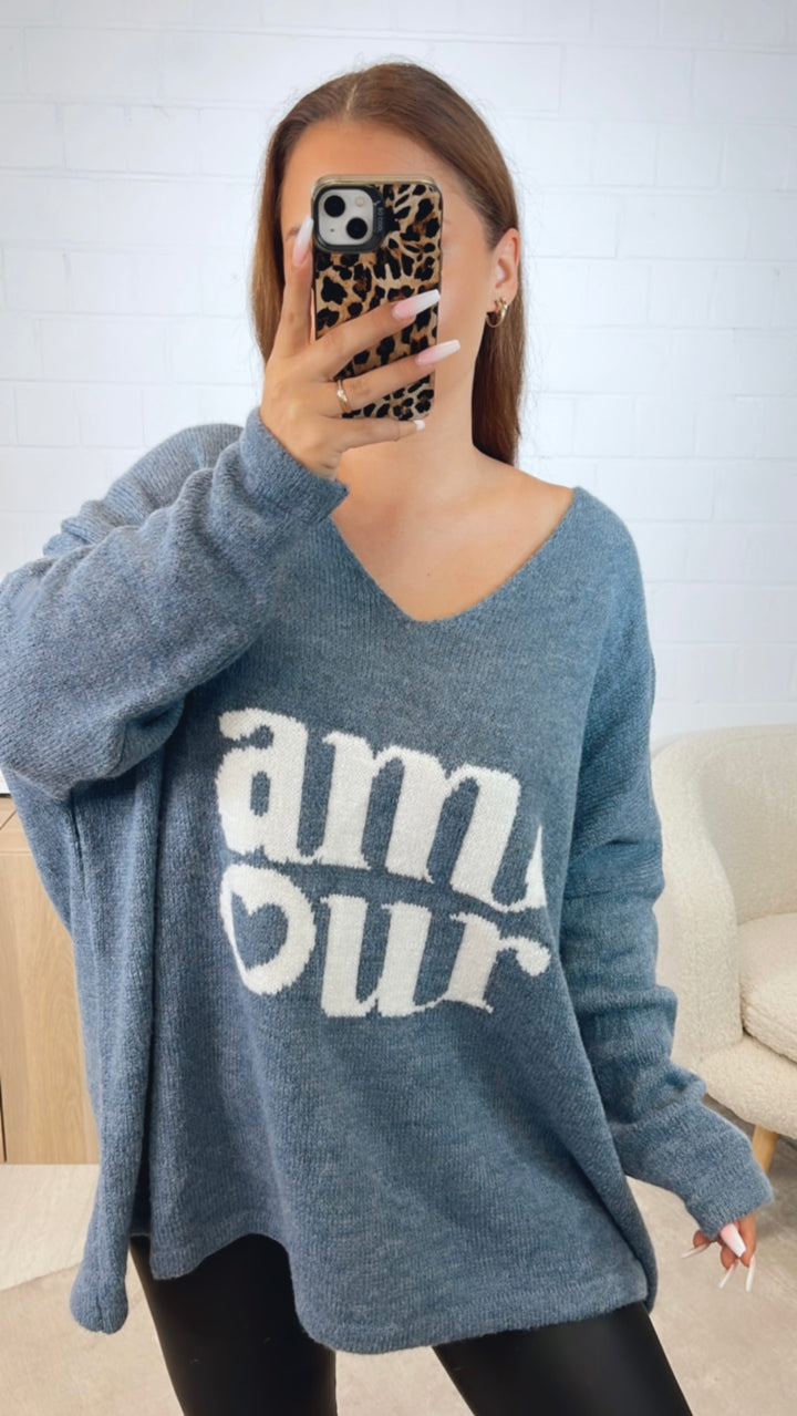 weiter Strick Pullover " Amour " / Denim blau - weiss Art. 12424
