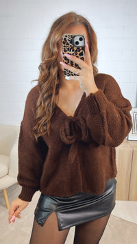schlichter Strick Cardigan mit einer Schleife / Schoko braun Art. 12614