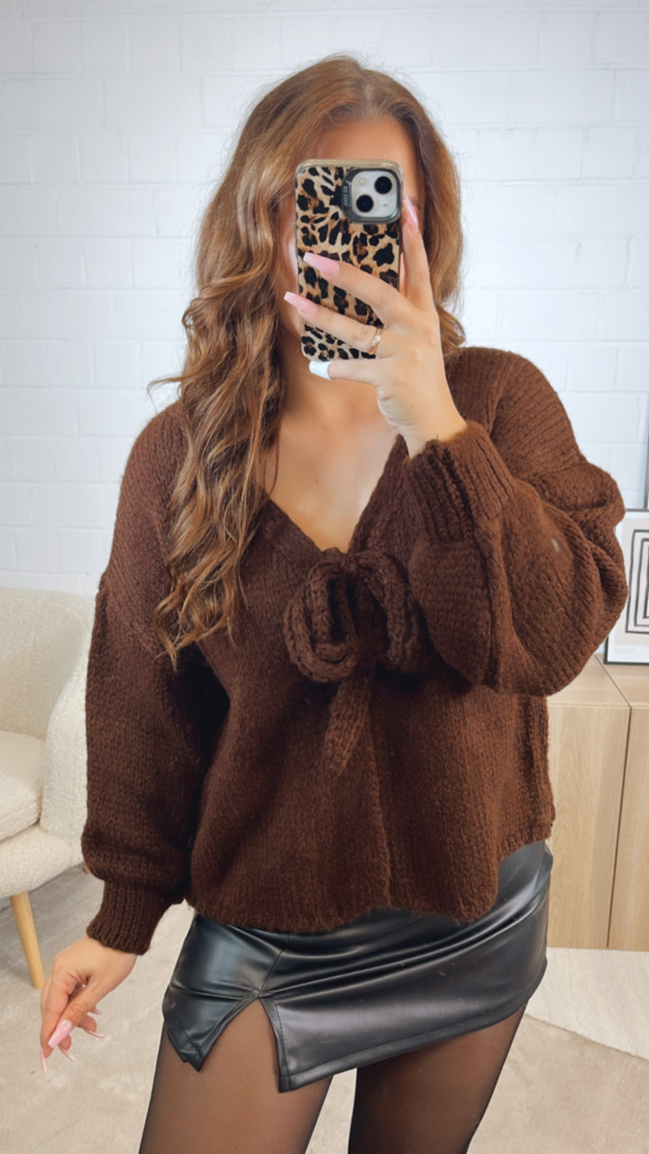 schlichter Strick Cardigan mit einer Schleife / Schoko braun Art. 12614
