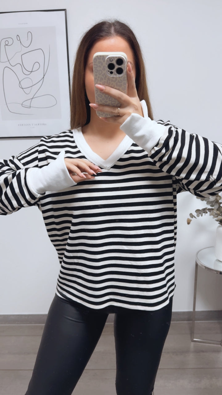 STREIFEN Sweater mit used V-Ausschnitt / schwarz - creme - weiss Art. 13340