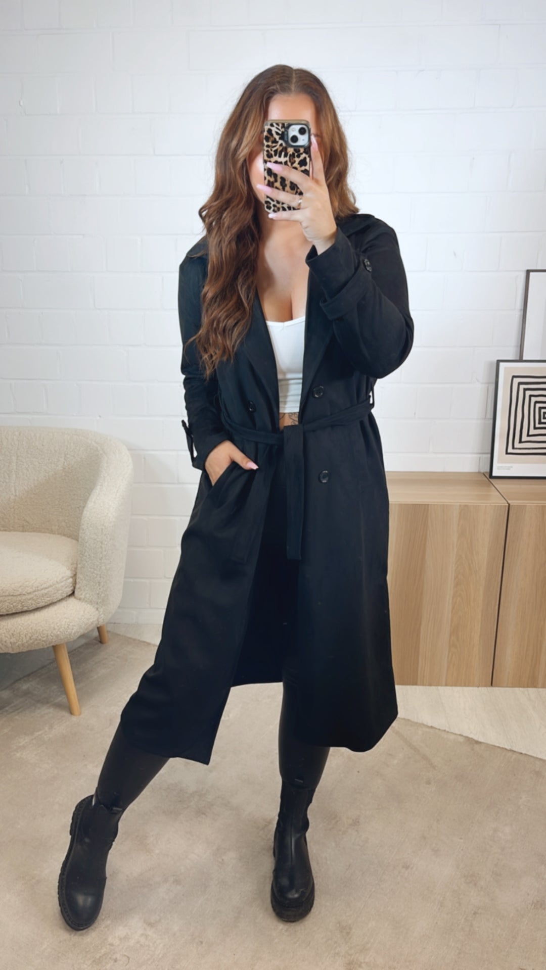 VELOURS Trenchcoat Mantel mit KNÖPFEN / schwarz Art. 12604