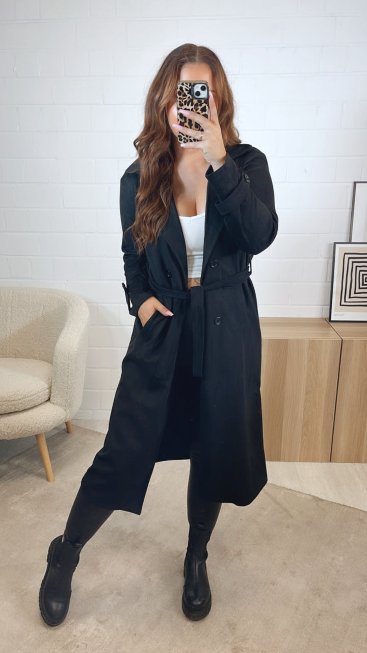 VELOURS Trenchcoat Mantel mit KNÖPFEN / schwarz Art. 12604