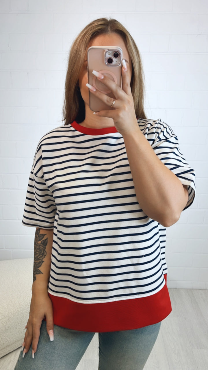 GESTREIFTES kurzarmiges Sweatshirt / marine blau - weiss - rot Art. 10412