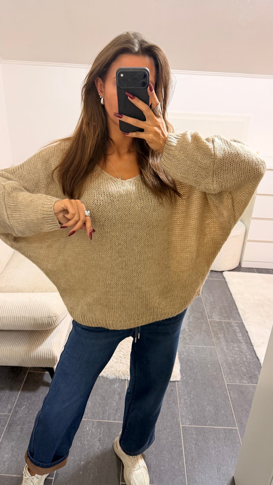 Wollfreier Fledermaus Strick Pullover / beige Art.16557