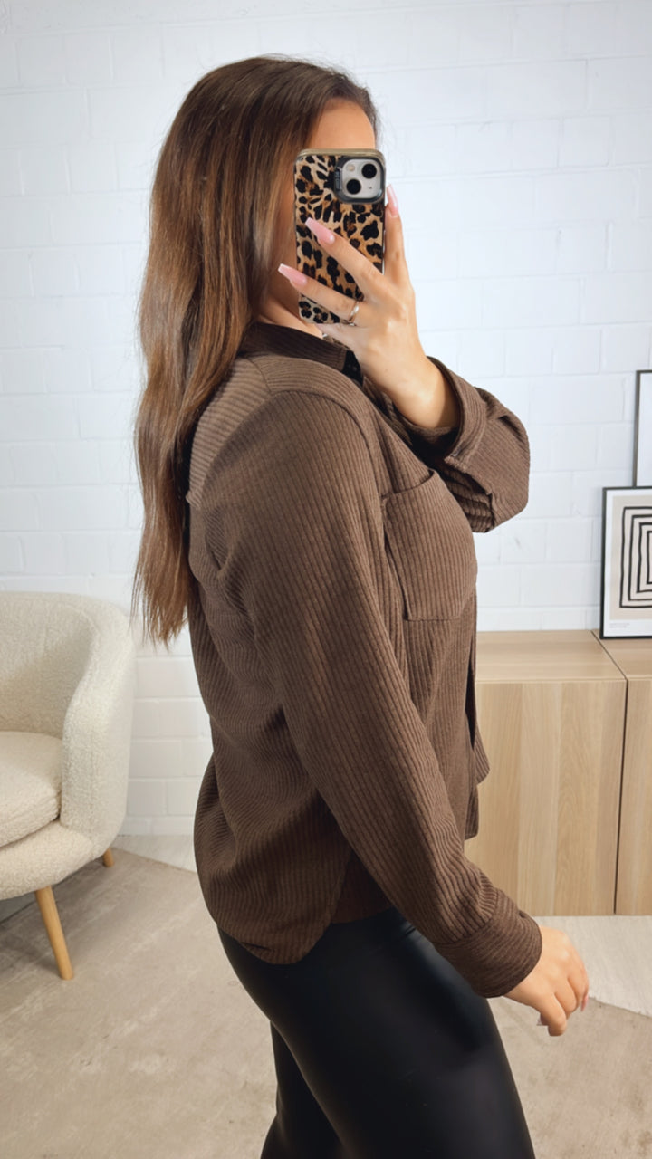 Bluse im Cord Look mit Brusttasche / braun Art. 12483