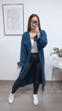 langer Kuschel Cardigan mit Volant Ärmeln / petrol blau Art. 13238