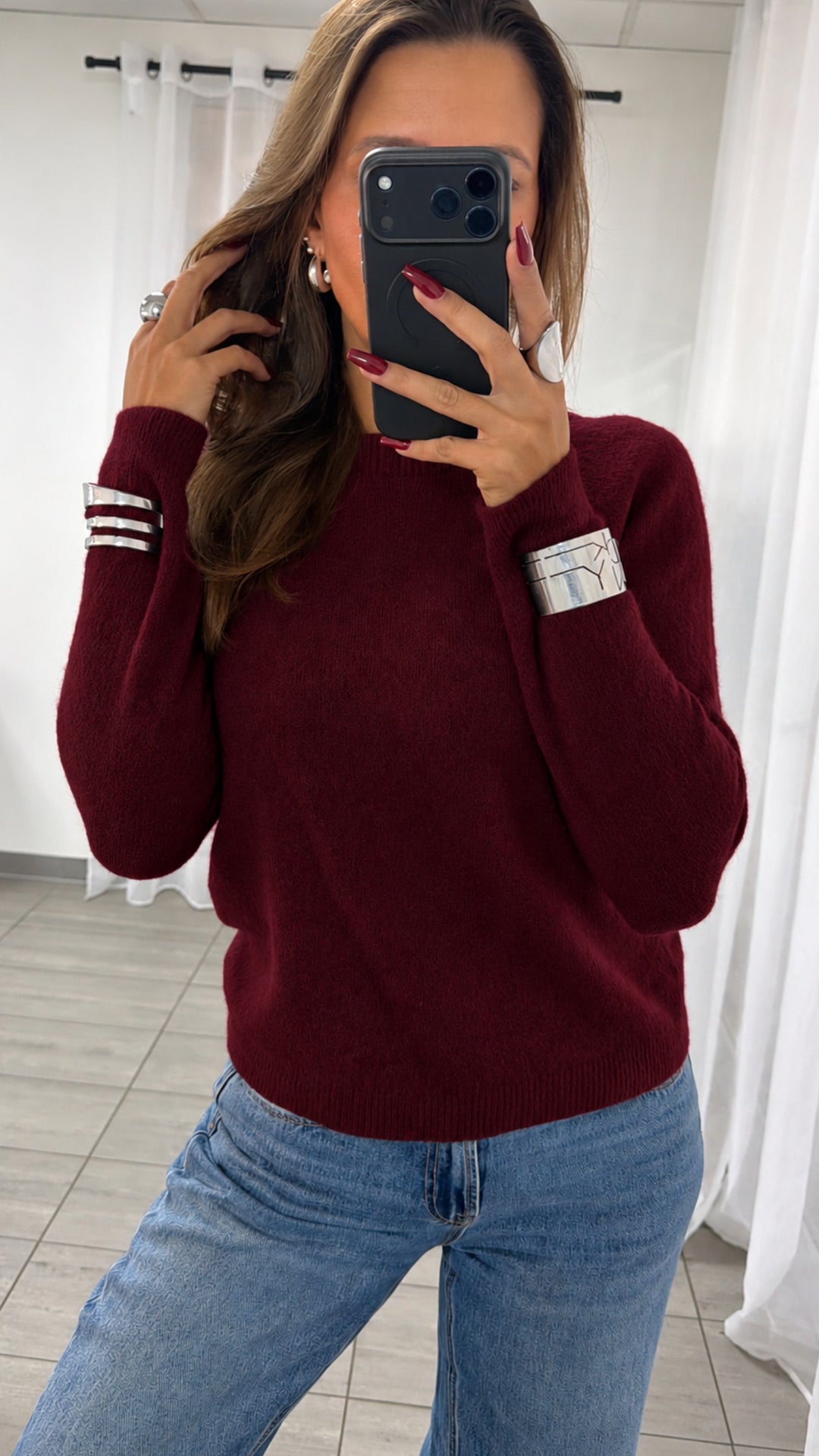 flauschiger Strick Pullover mit Rundhalsausschnitt / burgundy Art. 16576