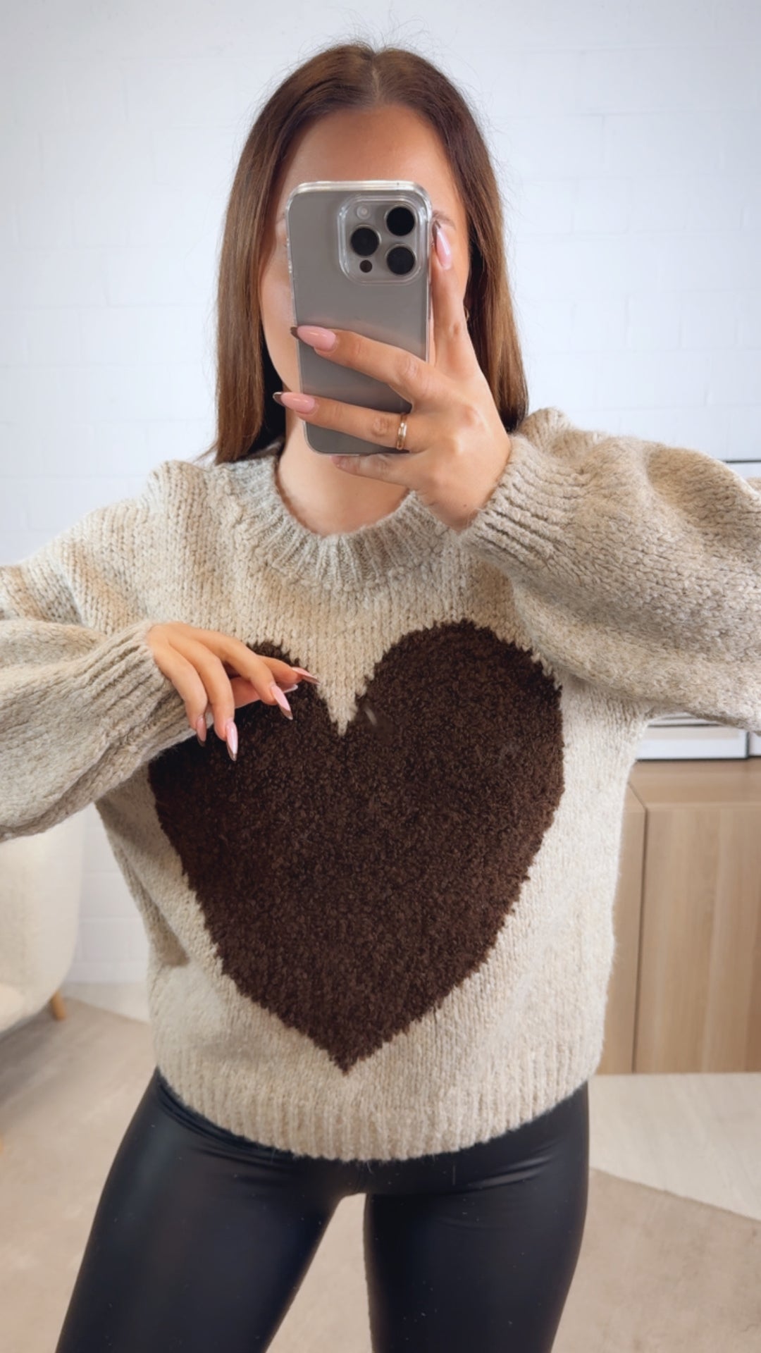 Strick Pullover mit Teddy Herz / beige - schoko braun Art. 13087