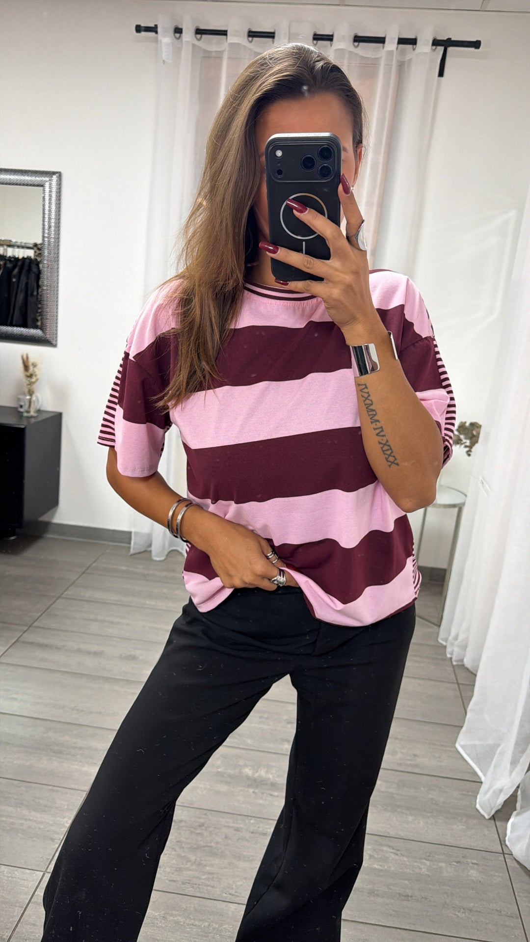 leichtes oversize T-shirt im Streifen Mix / burgundy - rosa Art. 16502