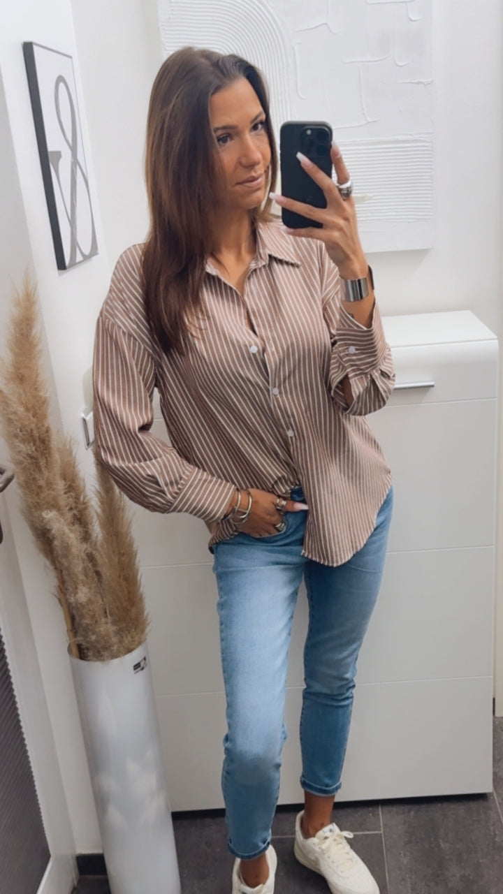 STREIFEN Baumwoll - Leinen Mix Bluse / braun - weiss Art. 14027