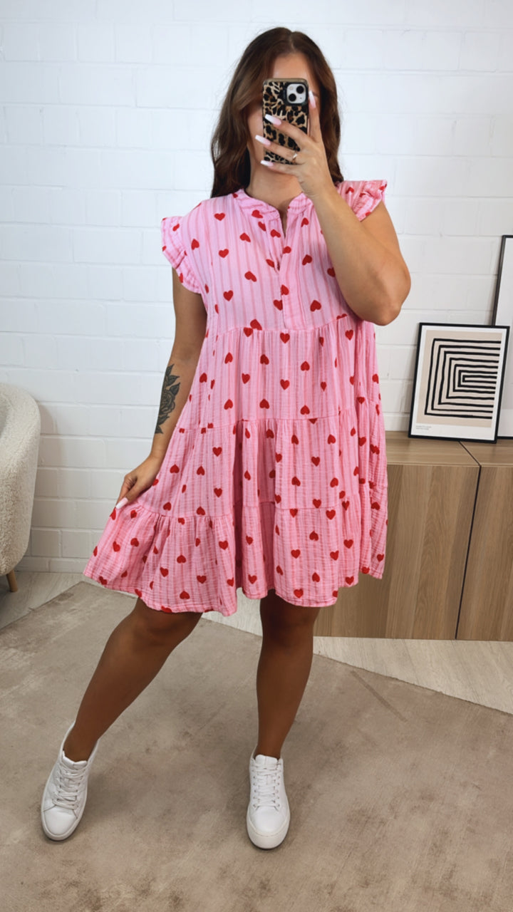 STREIFEN - HERZEN Musselin Hängerchen Kleid / rosa - altrosa - rot Art. 10099