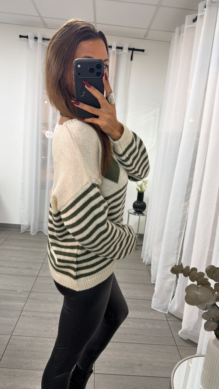 STREIFEN + HERZ Strick Pullover, V-Ausschnitt / creme - khaki Art. 16588