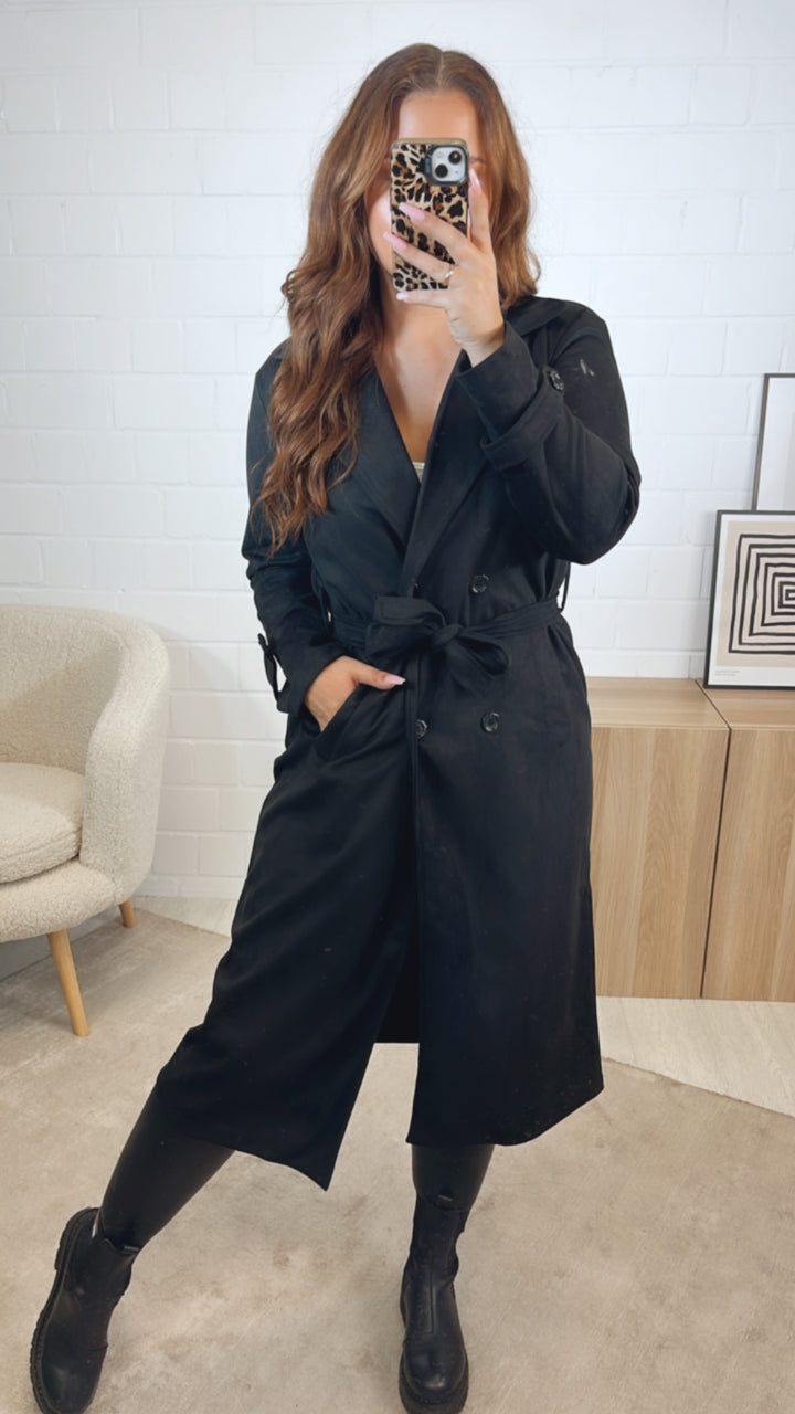 VELOURS Trenchcoat Mantel mit KNÖPFEN / schwarz Art. 12604