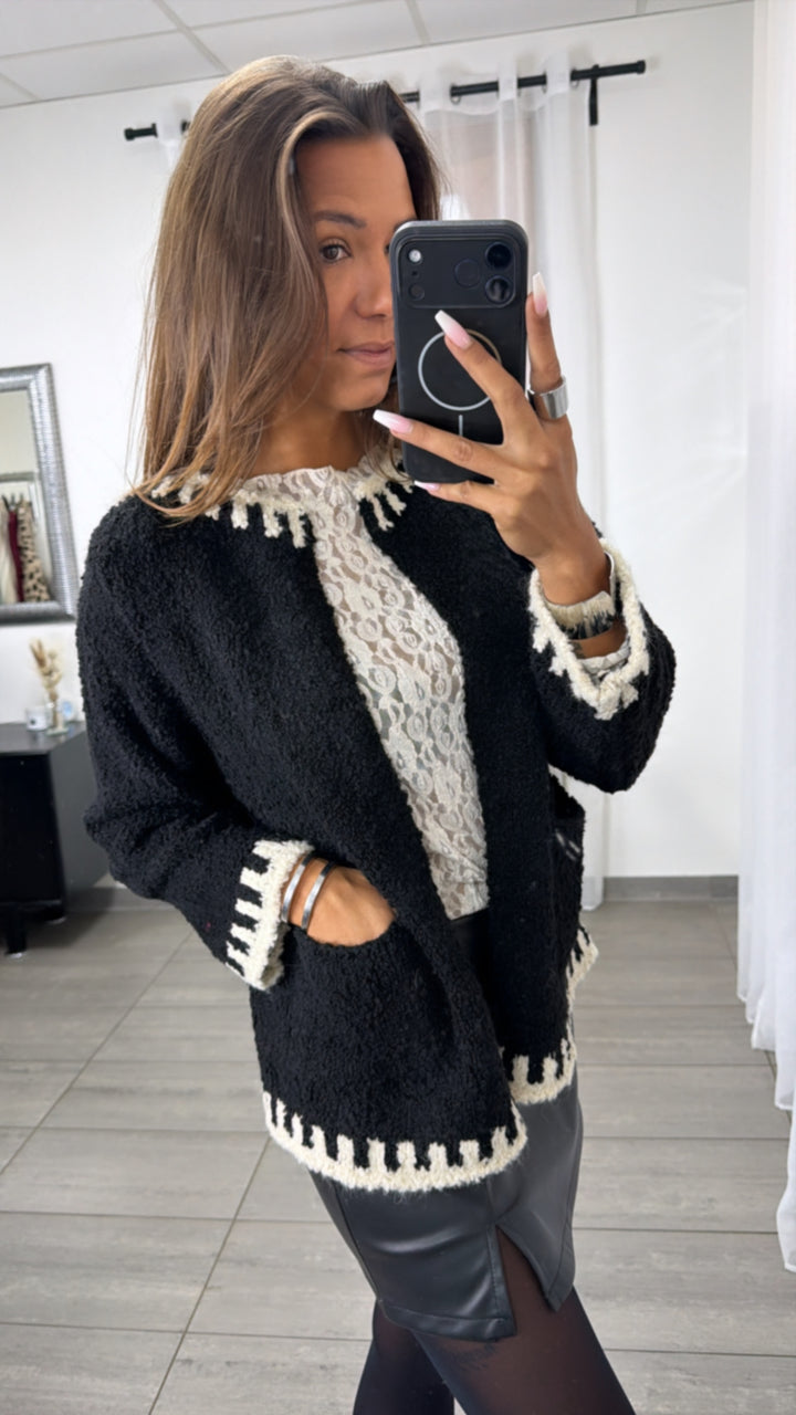 Strick Cardigan in Bouclé-Optik mit Akzenten / schwarz - creme Art.16310