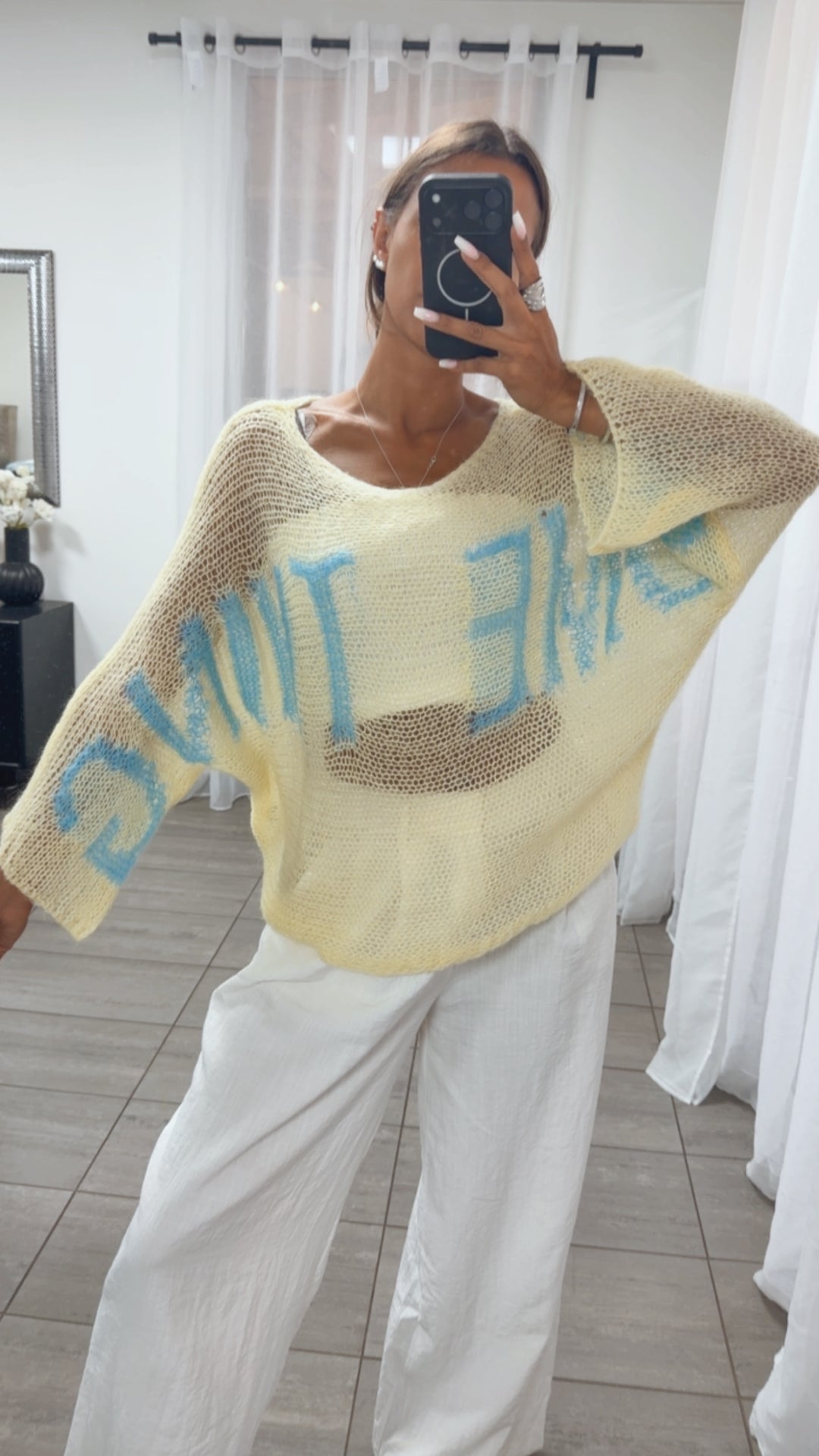 Leichter Statement Strick Pullover / soft gelb - hell blau Art.15648