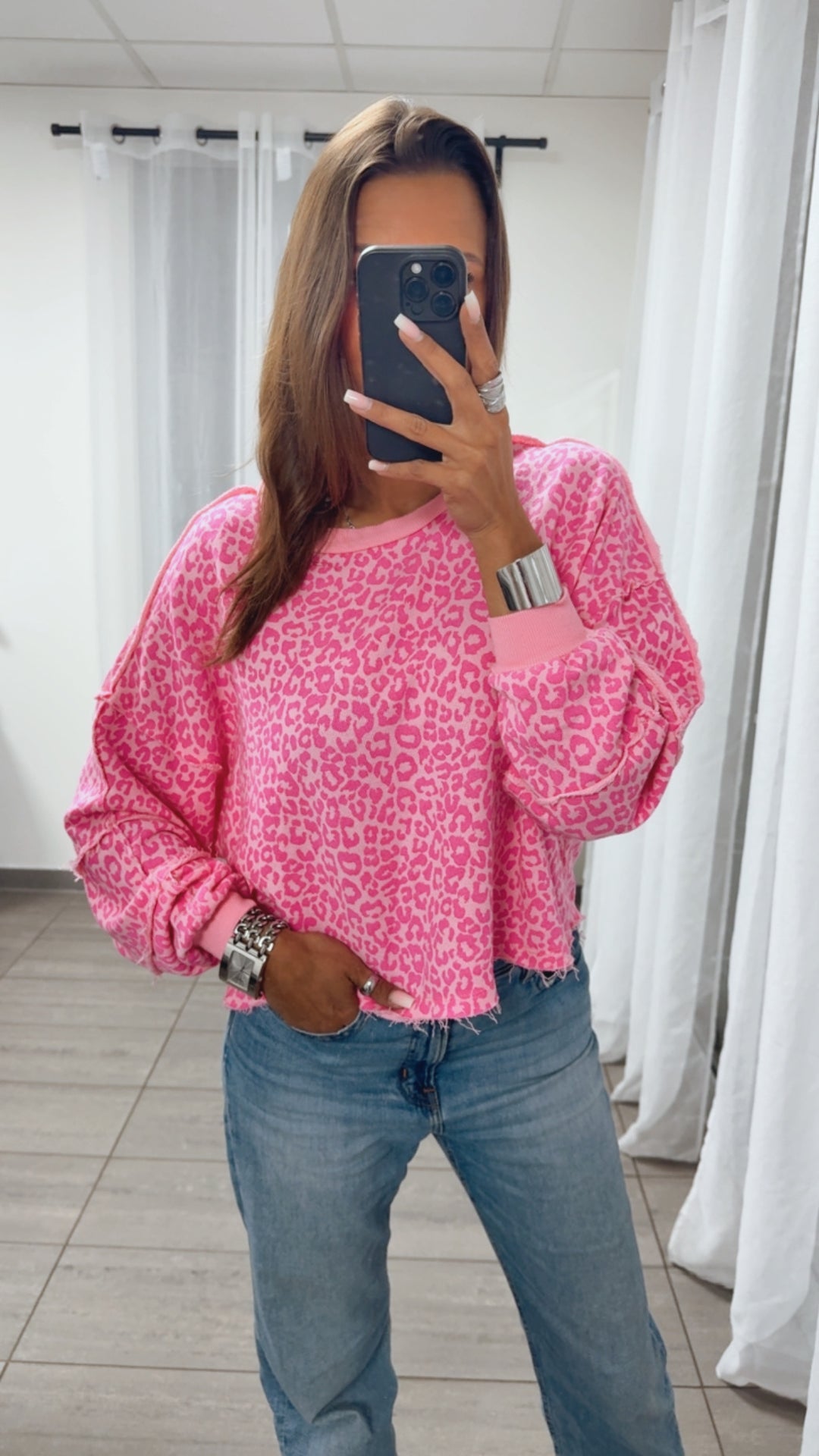 Sweater kleines Leo Muster , used Bund / rosa-pink Art. 14885