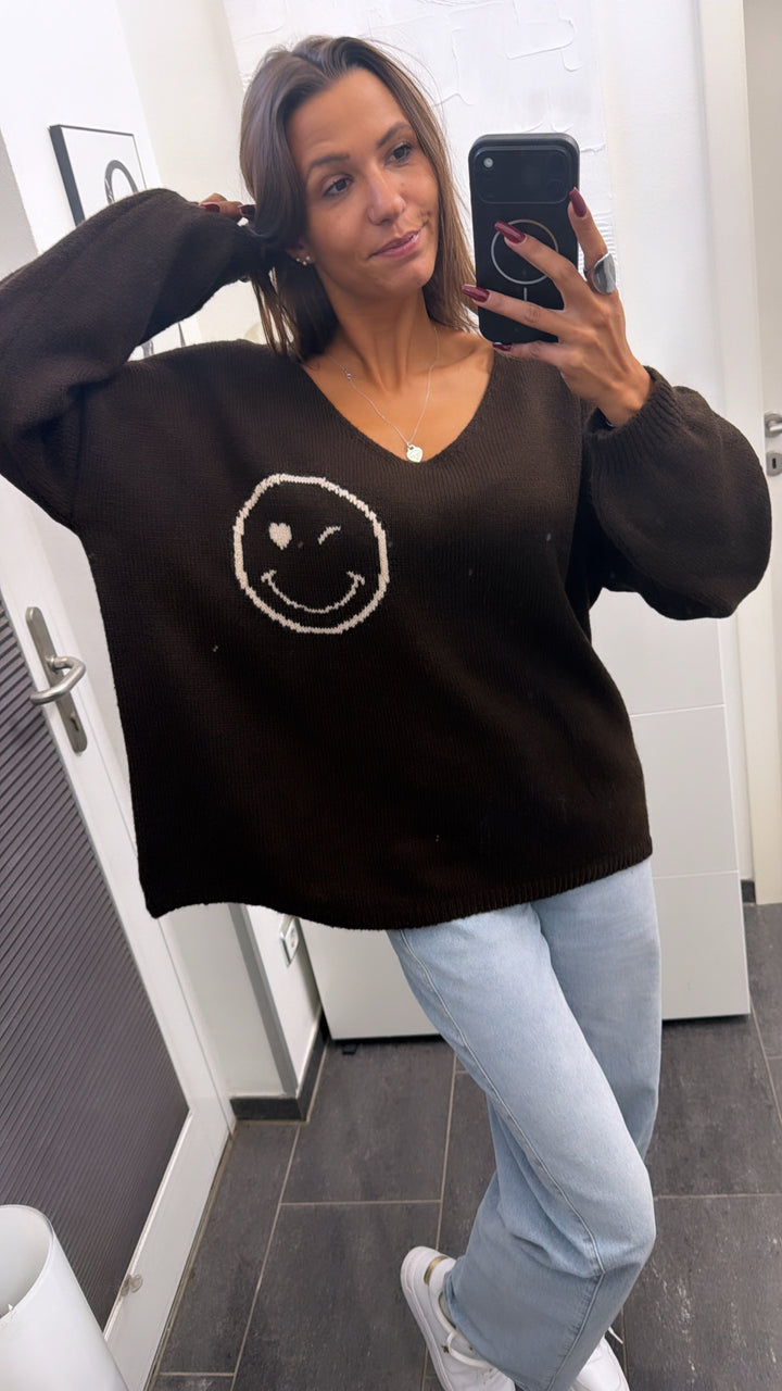 SMILEY Strick Pullover " all good " / dunkel braun - creme Art. 16440