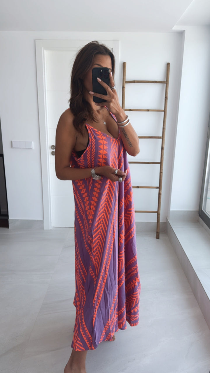 (Maxi-) PREMIUM Summer Vibe Kleid / Hängerchen / lila - neon coral Art. 9575
