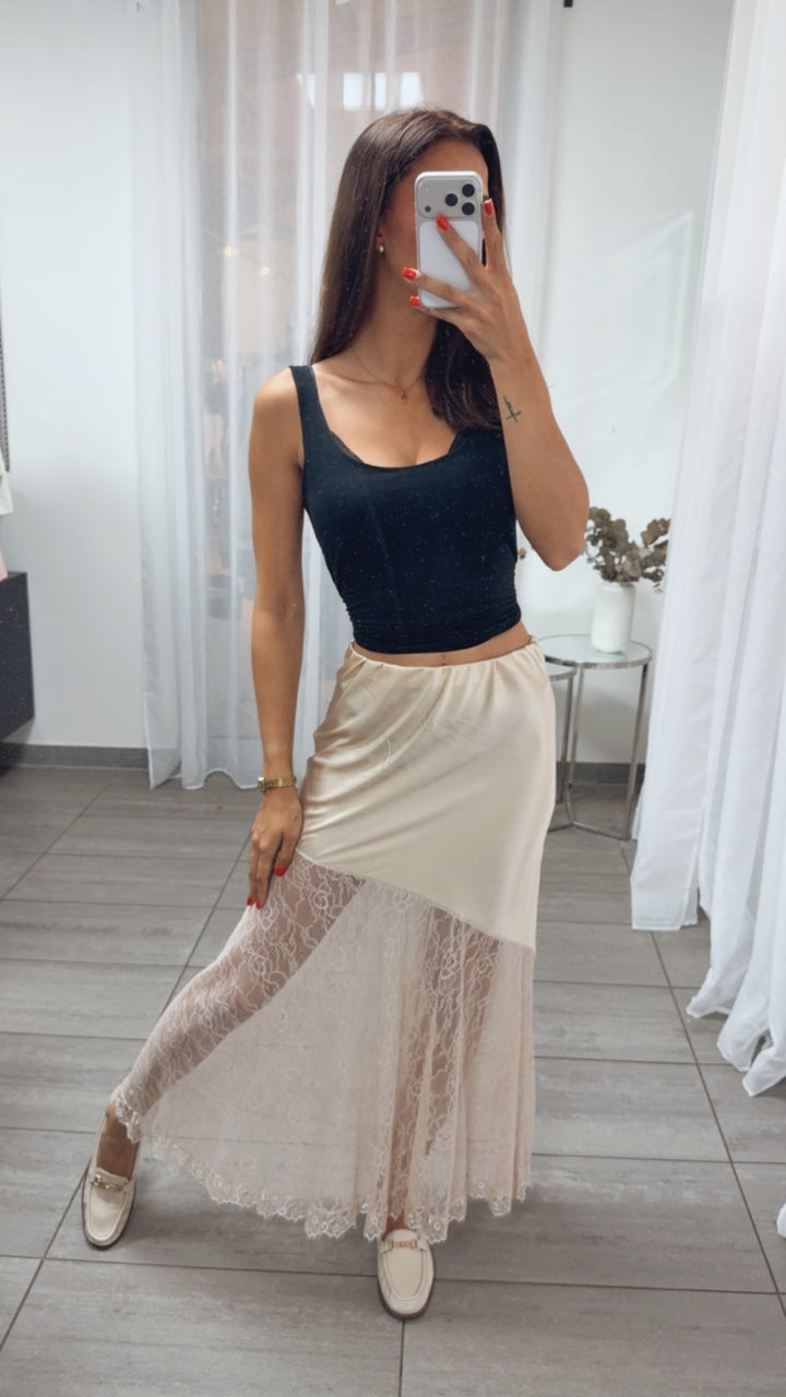 SATIN Optik Maxi Rock mit Spitzeneinsatz / creme Art. 15593