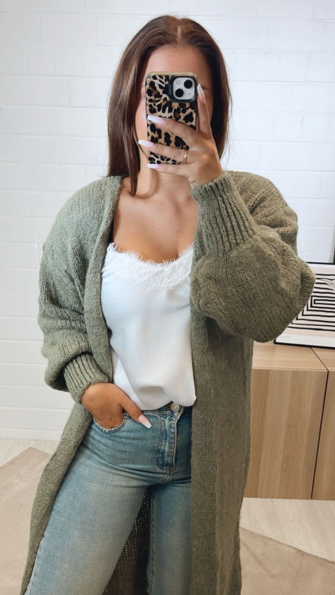 Langer Kuschel Cardigan / khaki Art. 12280