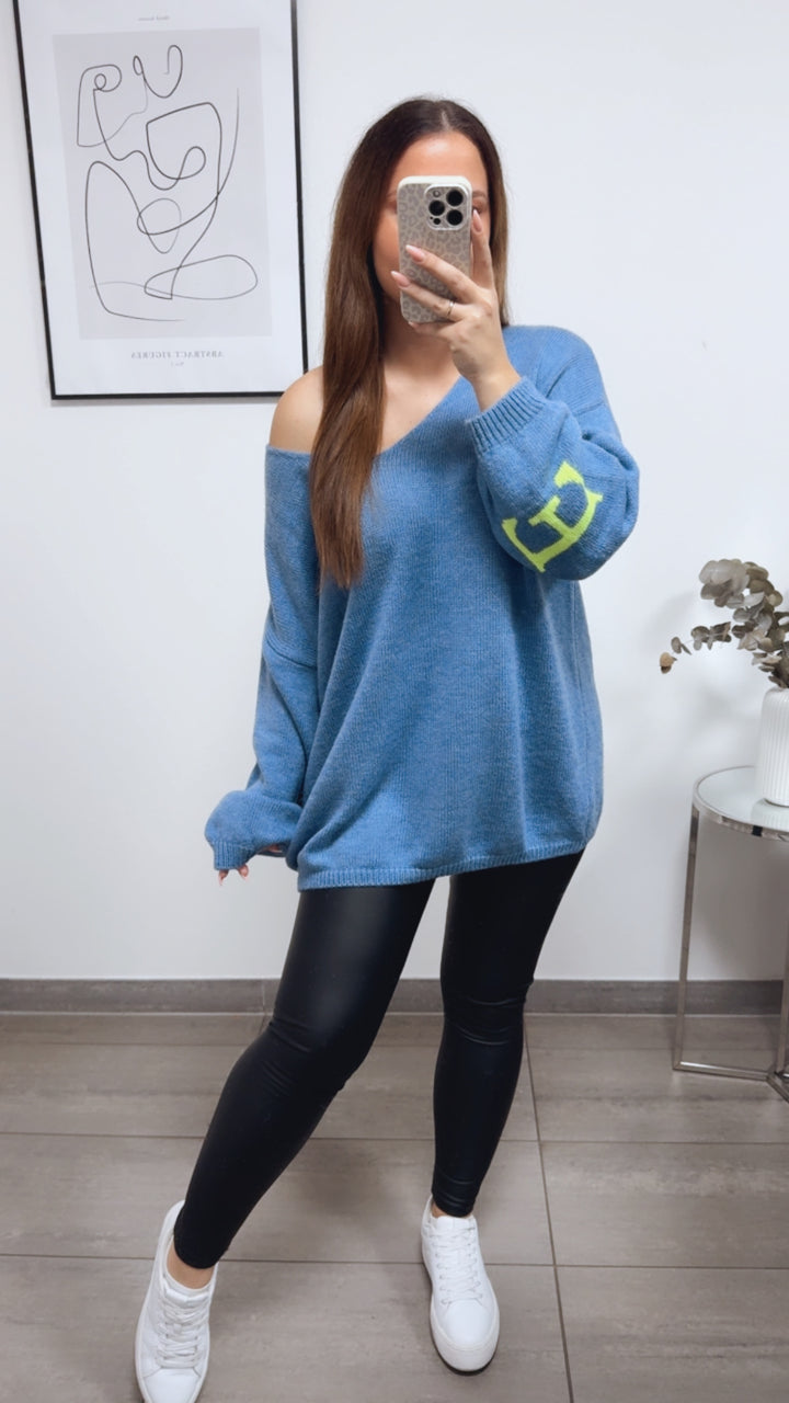 Strick Pullover "Namaste" / Denim Blau - Neon gelb Art. 13337