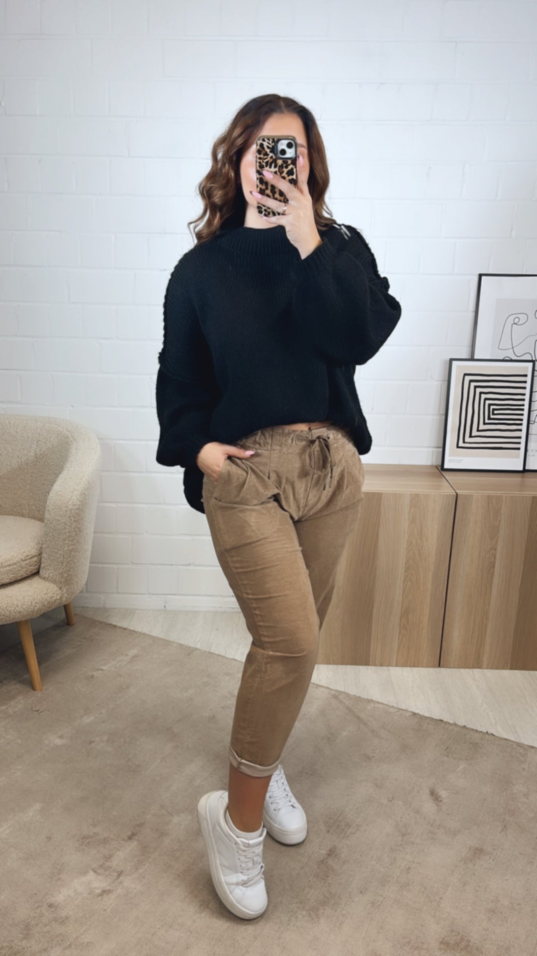 lockere Knitter Optik Hose im Velours Look / camel Art. 12856