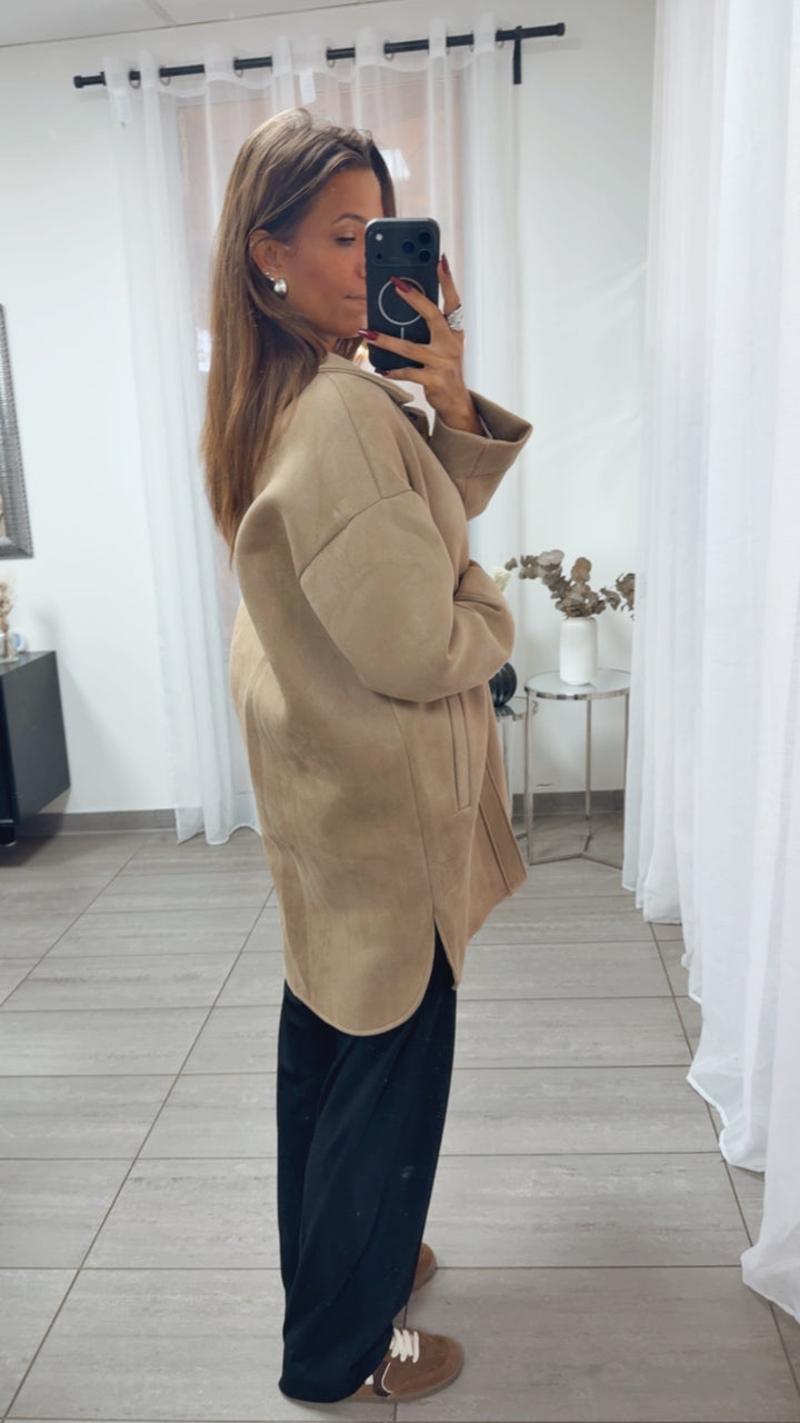 WILDLEDER OPTIK Long Jacke mit Taschen / beige Art. 16404